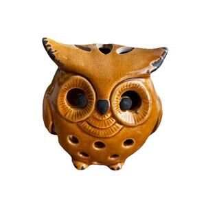 Vintage Ceramic Pottery Owl Candle Holder Tealight Retro Brown 5 1/4" MCM nature
